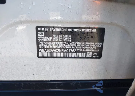 2022 BMW 430I Gran Coupe z USA, uszkodzony, nr VIN WBA63AV02NFM01762